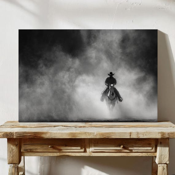 Cowboy Riding Through Dust Western Black And White Wall Art