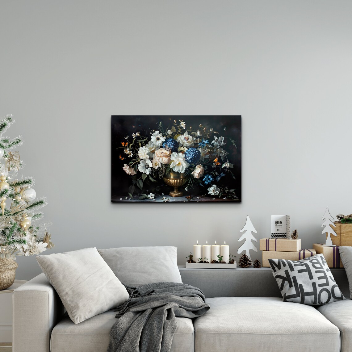 Moody Dark Floral Bouquet in Gold Vase with Butterflies Art Poster - Image 3