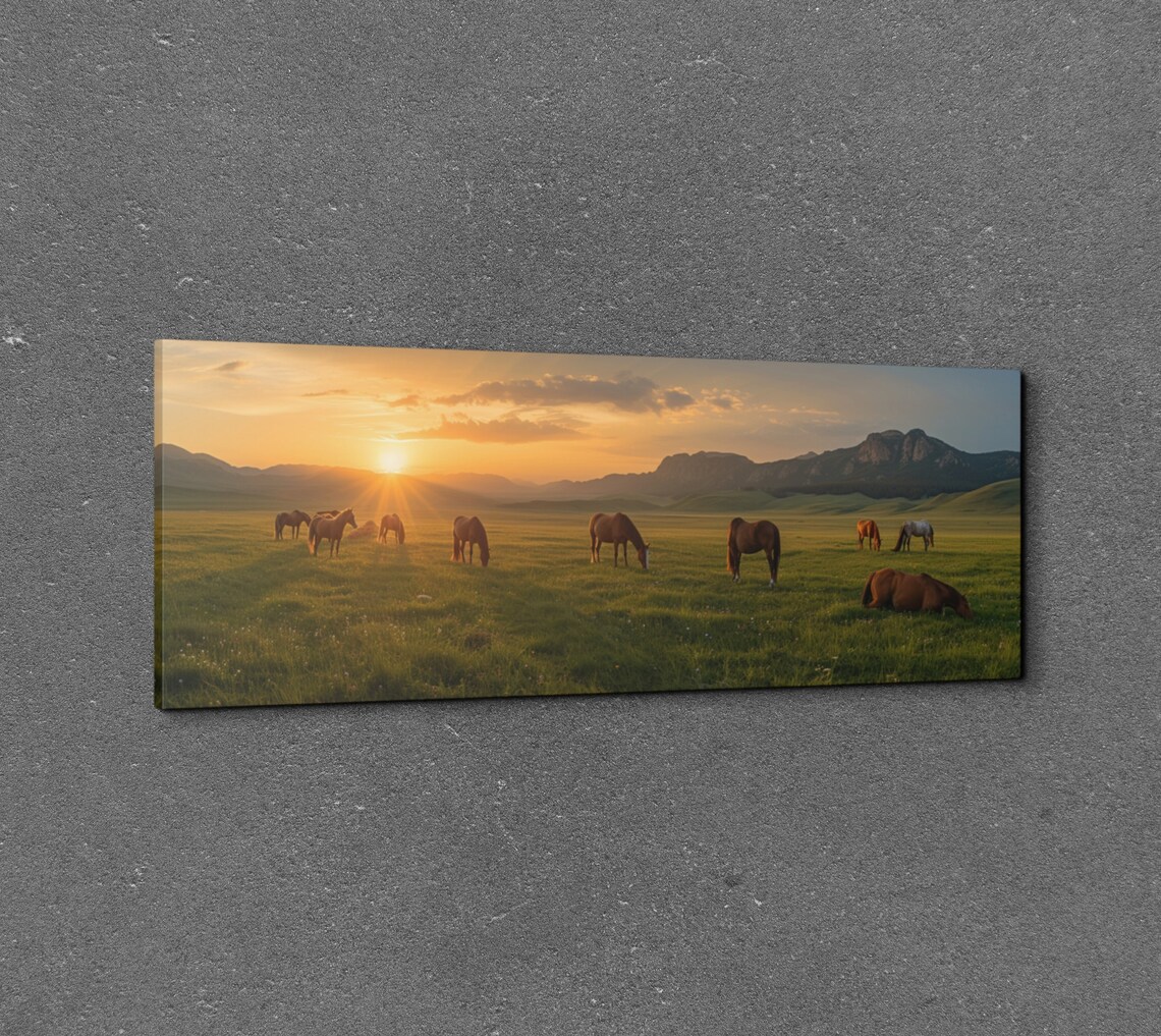 Wild Horses Grazing Meadow Sunset Mountain Panoramic Photo Poster - Image 6