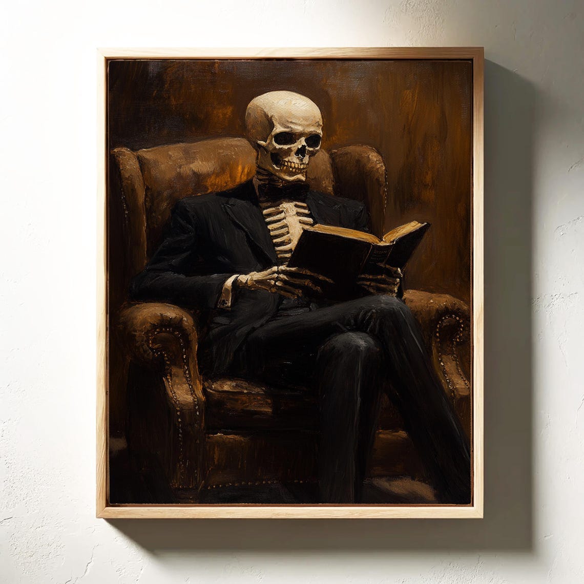 Elegant Skeleton Reading in a Leather Armchair Dark Art Poster - Image 3