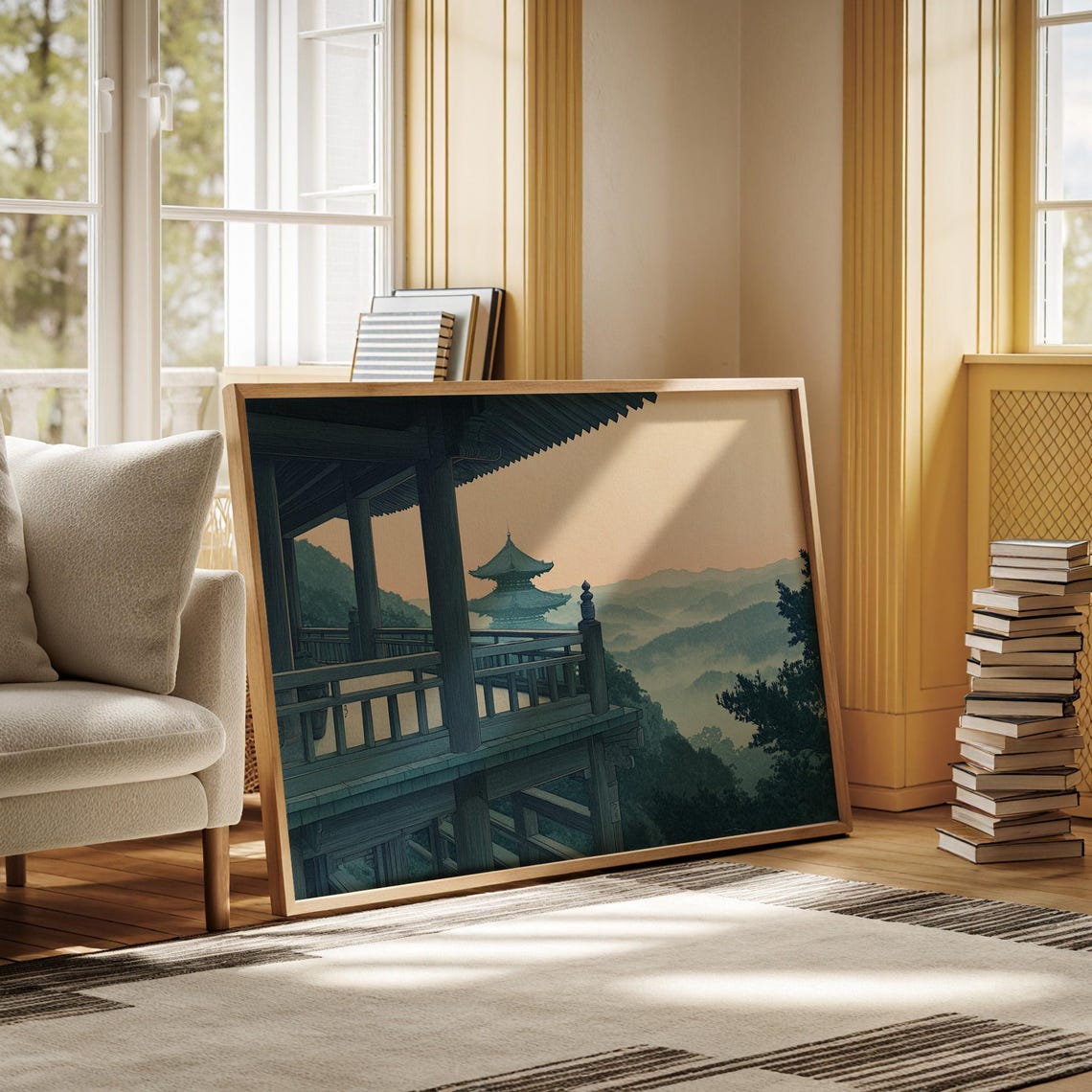 Japanese Temple Terrace Overlooking Misty Mountains Dawn Poster - Image 3