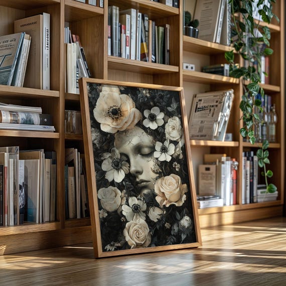 Floral Face Woman Canvas Wall Art Dark Romantic Vintage Roses Anemone Dreamy Surreal Sleep Portrait Moody Gothic Decor Print