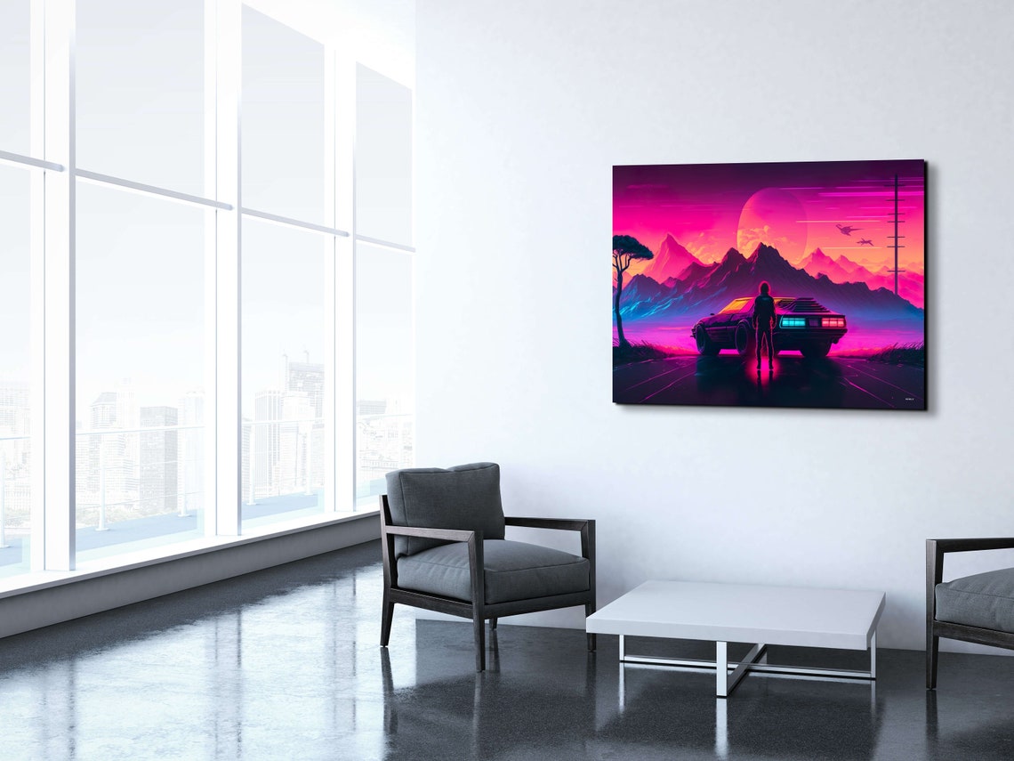 Retro Synthwave Sunset Drive Neon Mountains Giant Moon Poster - Image 2