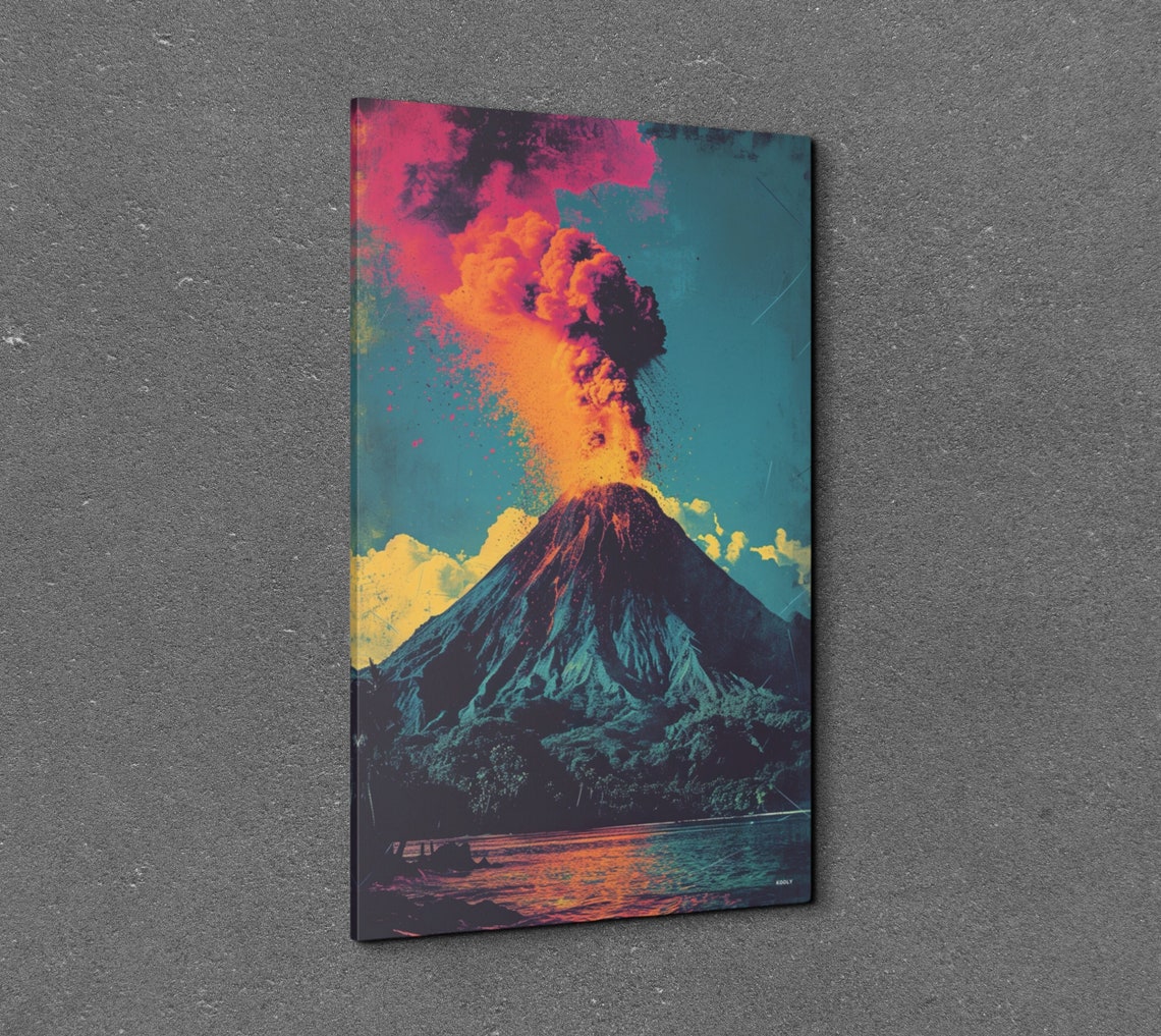 Erupting Volcano in Bold Pop Art Colors Under a Teal Sky Poster - Image 3