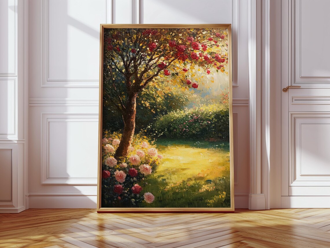 Romantic Garden Rose Tree, Vintage Oil Painting - Image 5