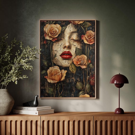 Cracked Face Floral Canvas Wall Art With Red Lips And Roses Dark Moody Vintage Portrait Surreal Feminine Decor