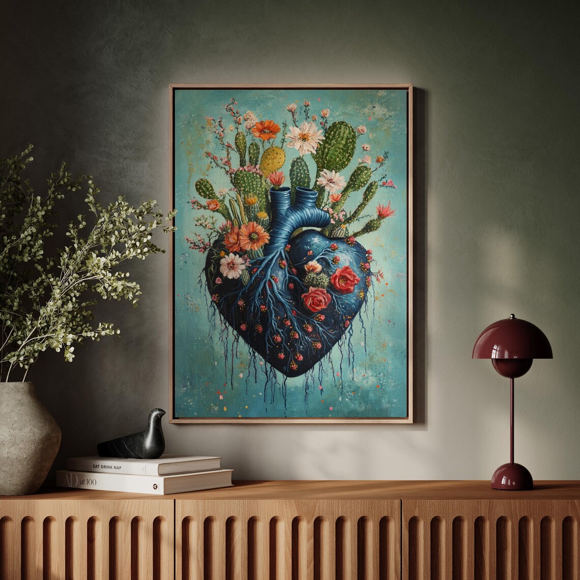 Cactus Heart Art With Blooming Flowers, Botanical - Image 6