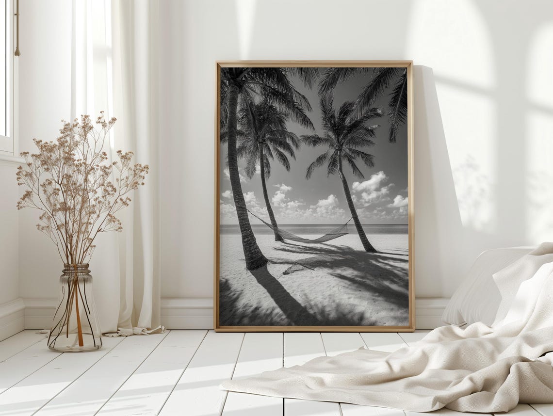 Black and White Tropical Hammock Beach Art Print