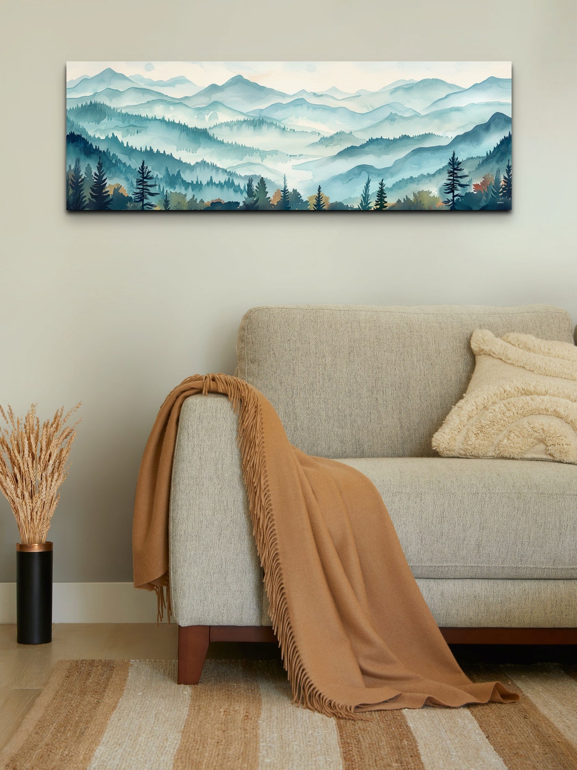 Teal Watercolor Mountain Valley Panorama Serene Landscape Poster - Image 5
