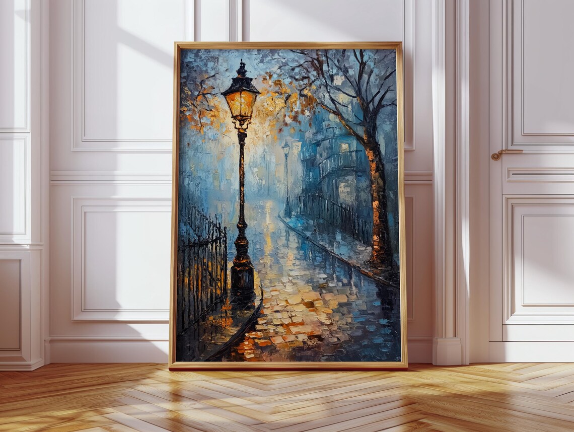 Rainy Blue Street With Glowing Streetlamp Romantic Night Art Poster