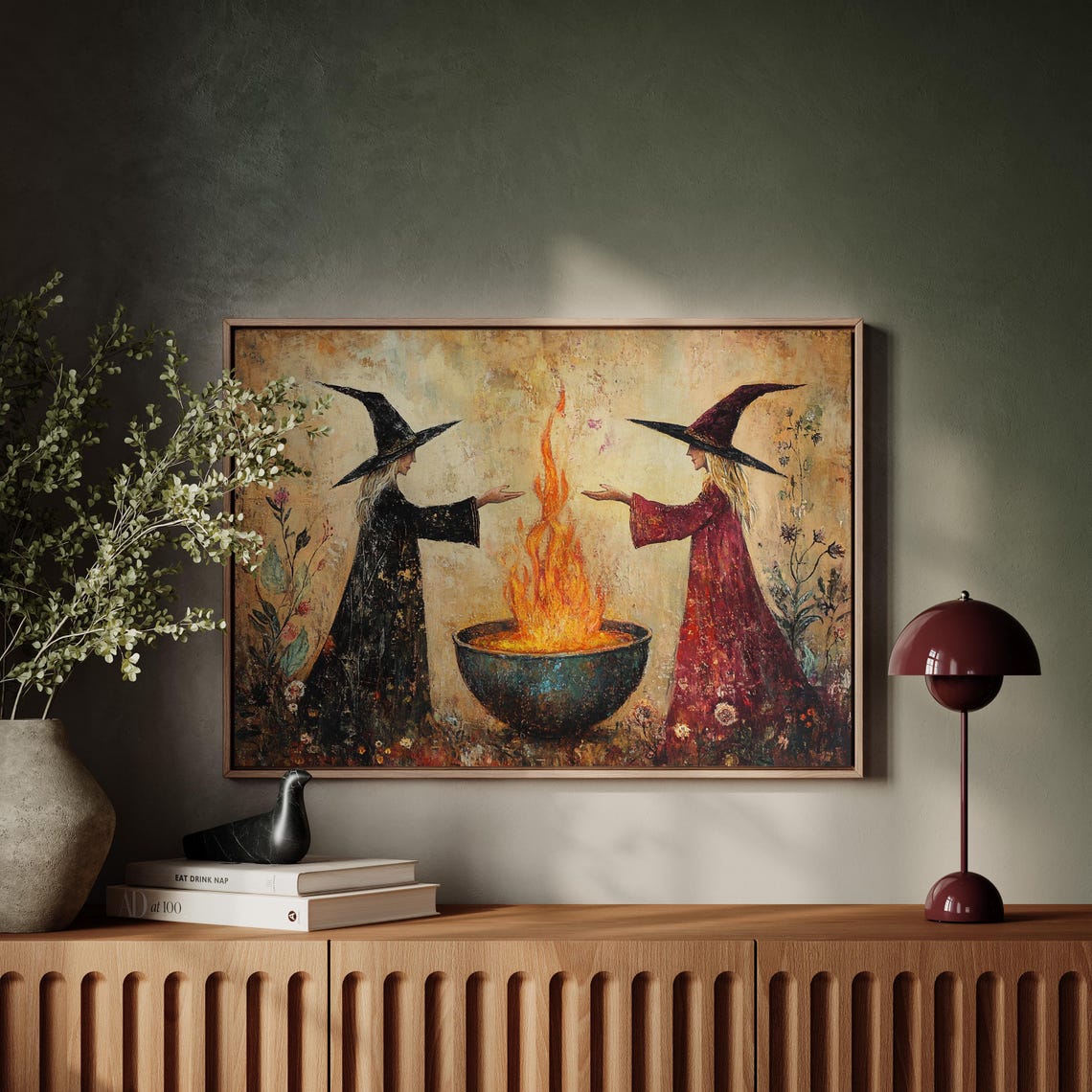 Witch Sisters Casting Fire Spell Mystical Halloween Cauldron Poster - Image 4