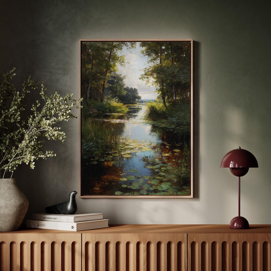 Tranquil Forest River Oil Painting Peaceful Lily Pond Scene Poster
