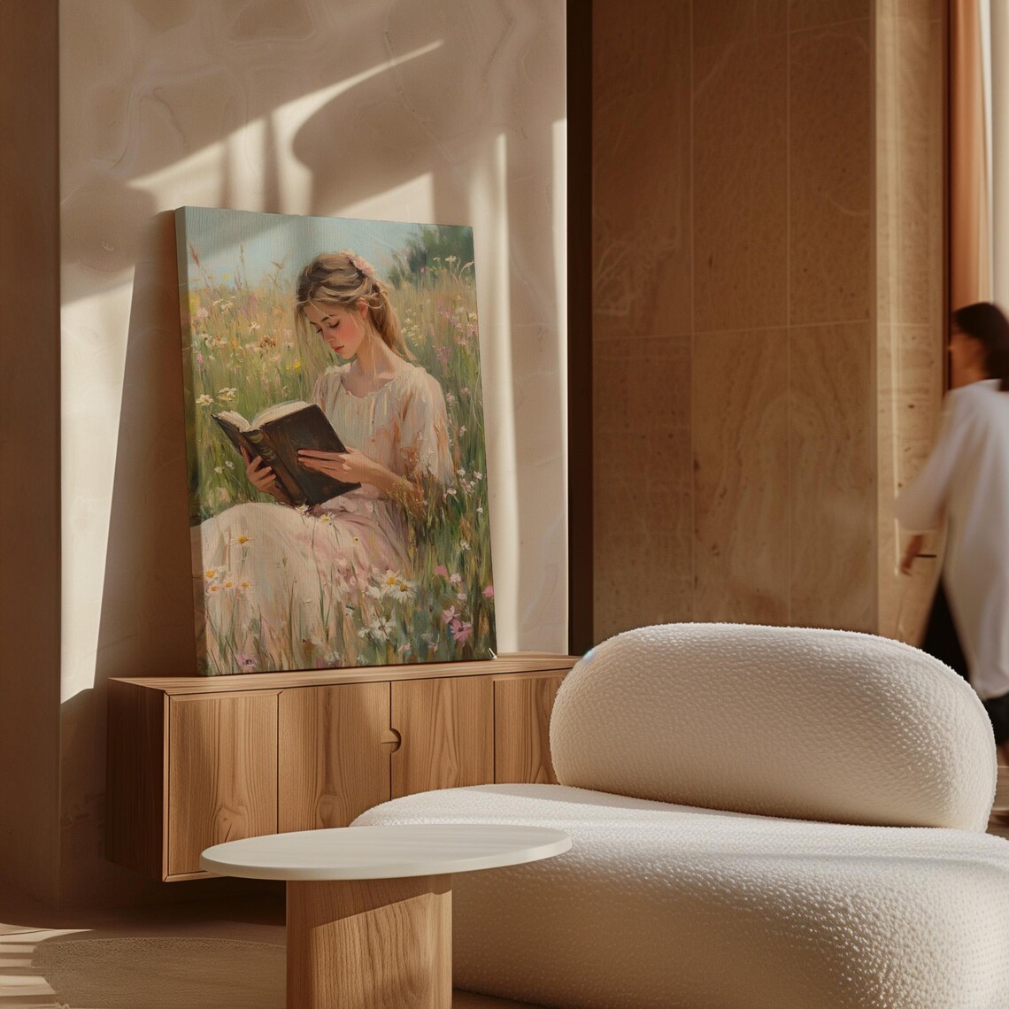 Blonde Woman Reading Book in Sunny Meadow Floral Cottagecore Poster - Image 7