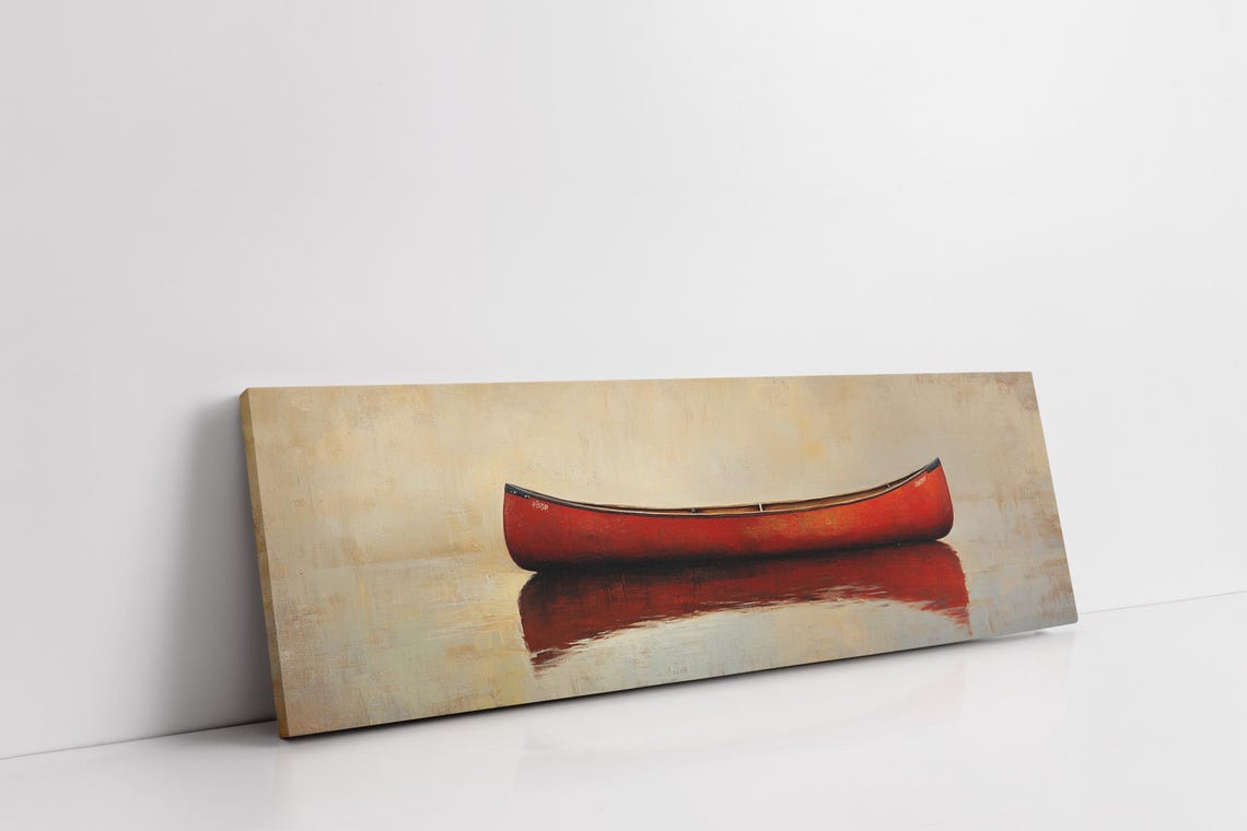 Red Canoe Minimalist Panoramic Still Water Reflection Poster - Image 3