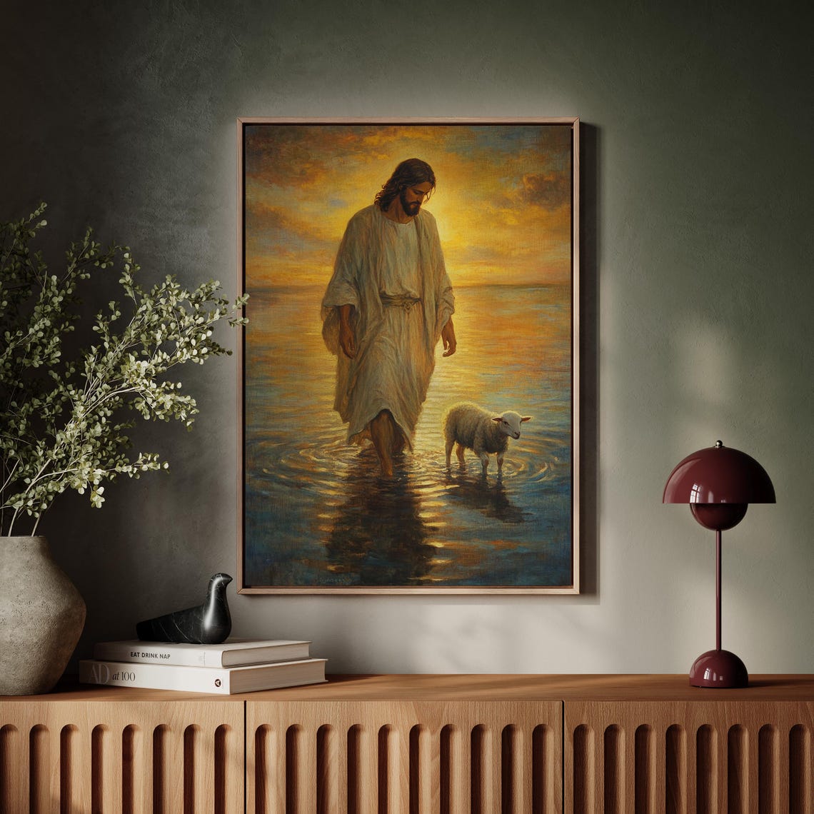 Jesus Walking on Water With Lamb Golden Sunset Christian Art Print - Image 6