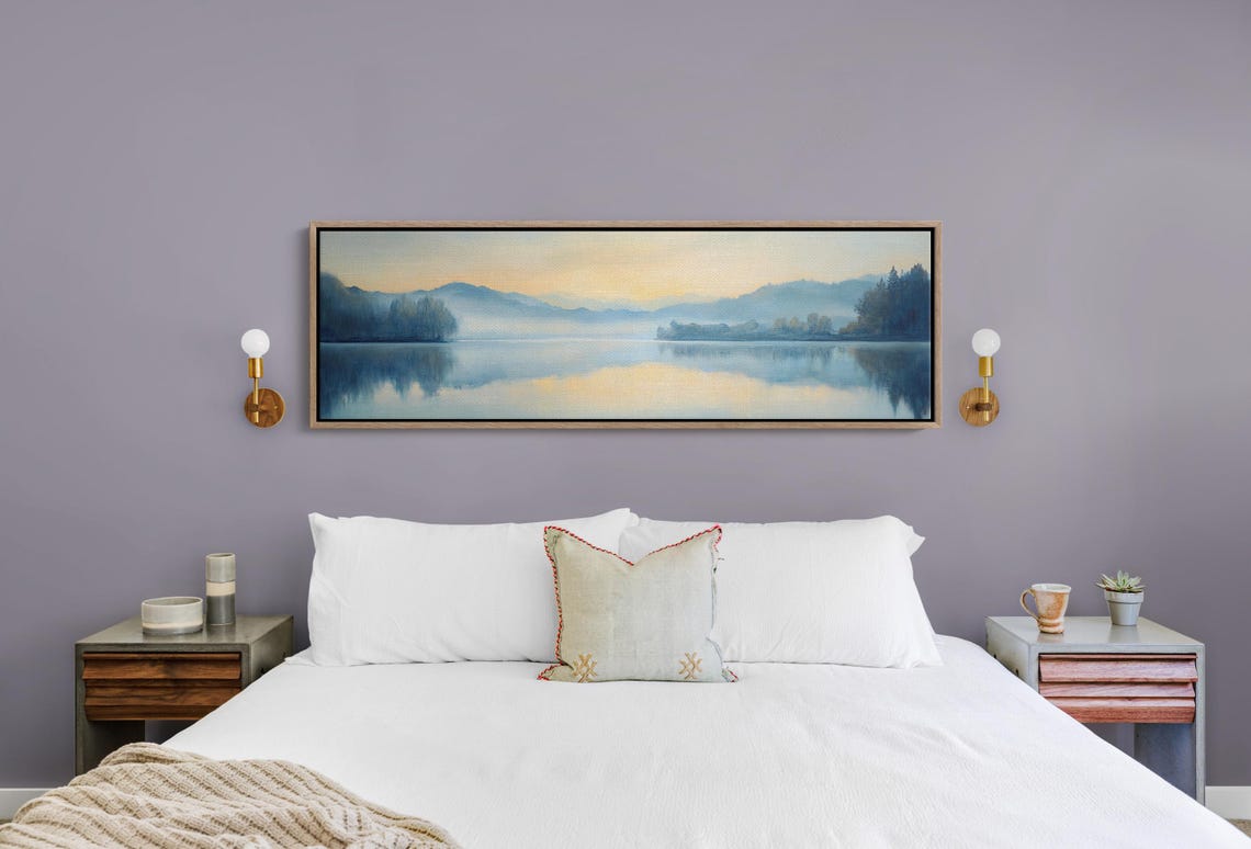 Panoramic Blue Misty Lake Dawn Still Water Golden Glow Scenic Poster - Image 5