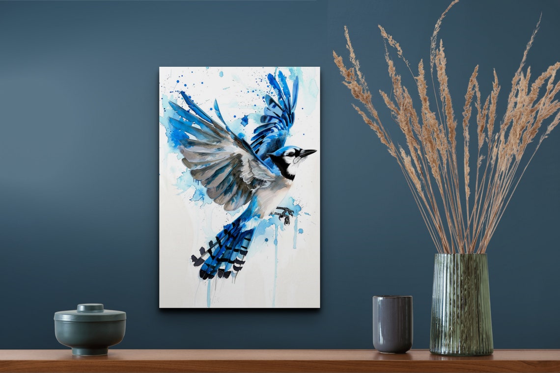 Blue Jay Soaring With Wings Spread Watercolor Paint Splatter Poster - Image 6
