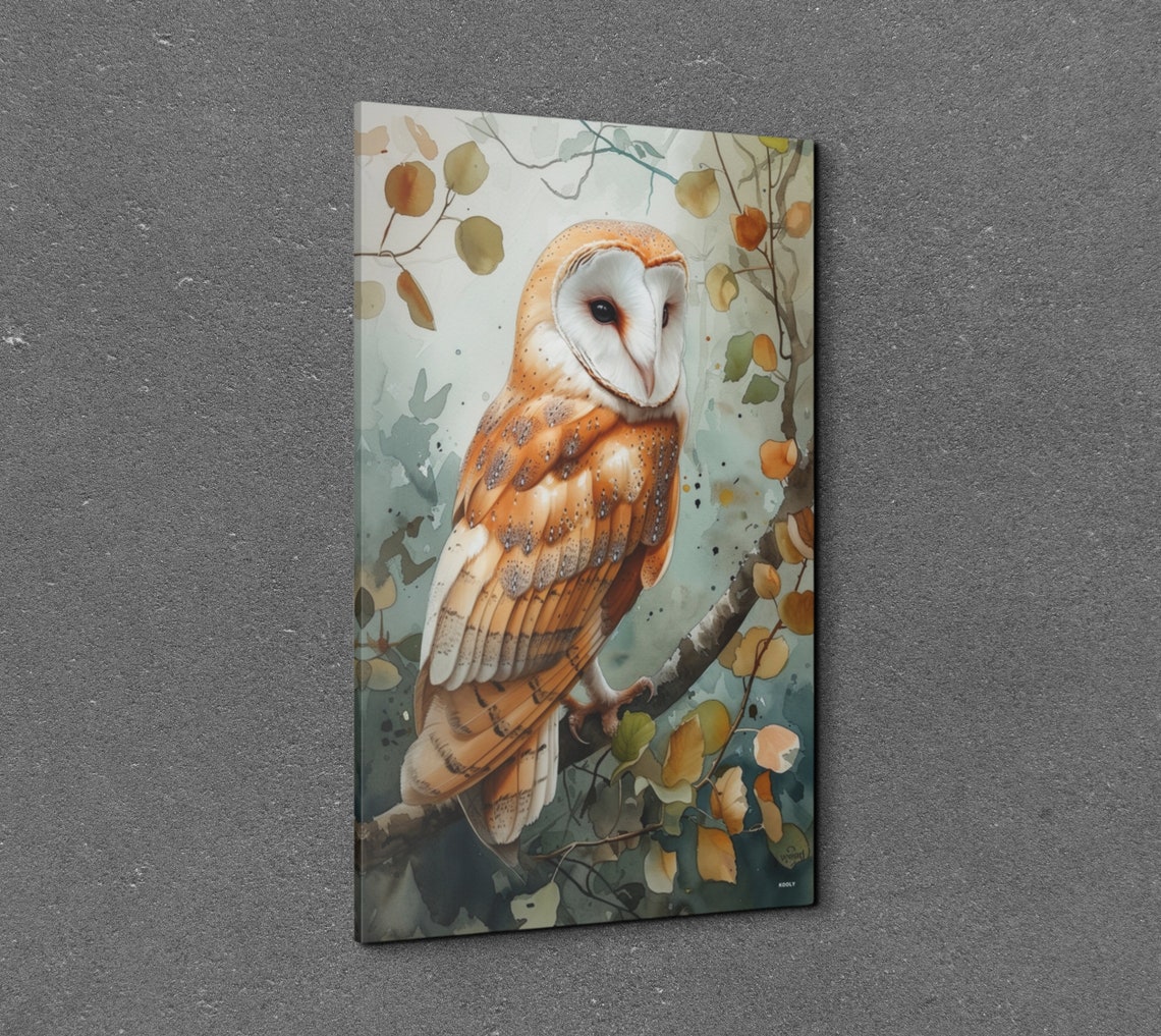 Barn Owl Perched Branch Autumn Leaves Watercolor Bird Poster - Image 3