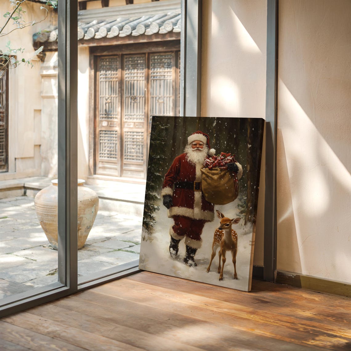 Vintage Santa Claus With Deer Fawn Snowy Forest Christmas Poster - Image 4