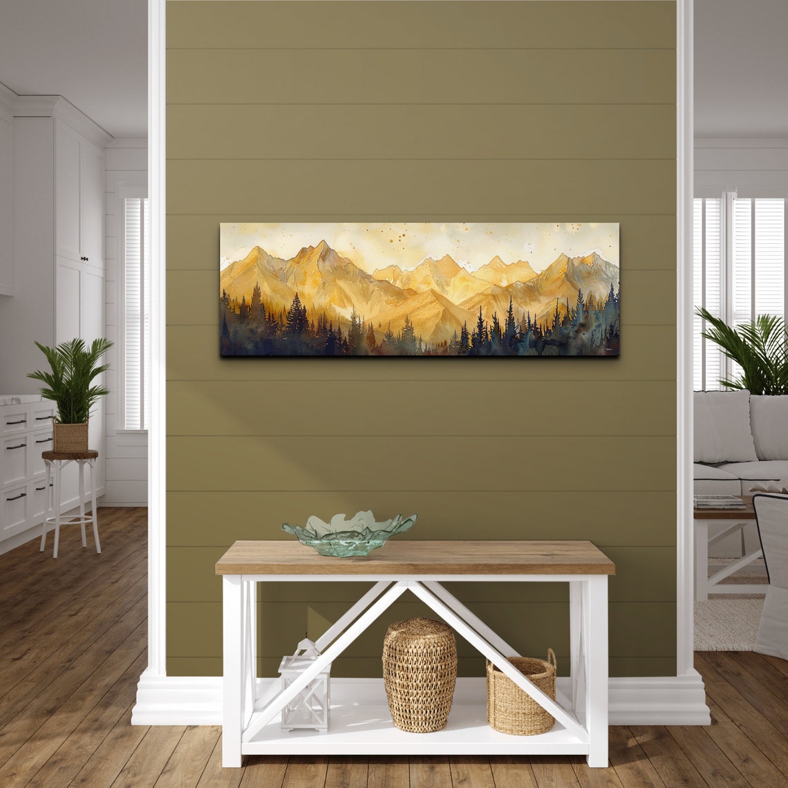 Golden Sunrise Over Mountain Peaks Panoramic Watercolor Poster - Image 6