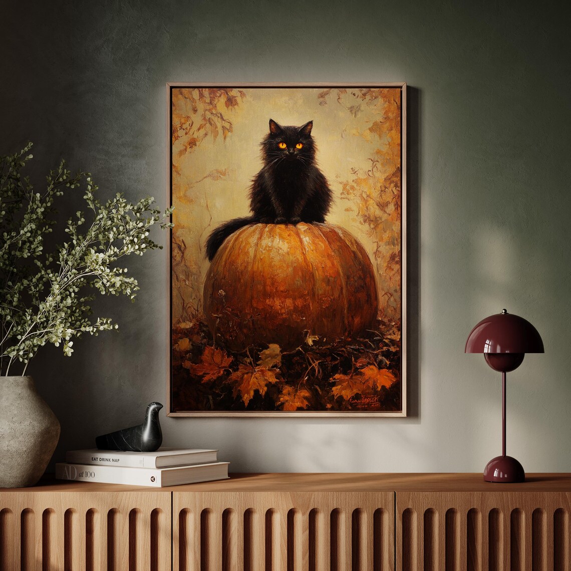 Black Cat On Pumpkin, Cozy Fall Halloween Art - Image 7