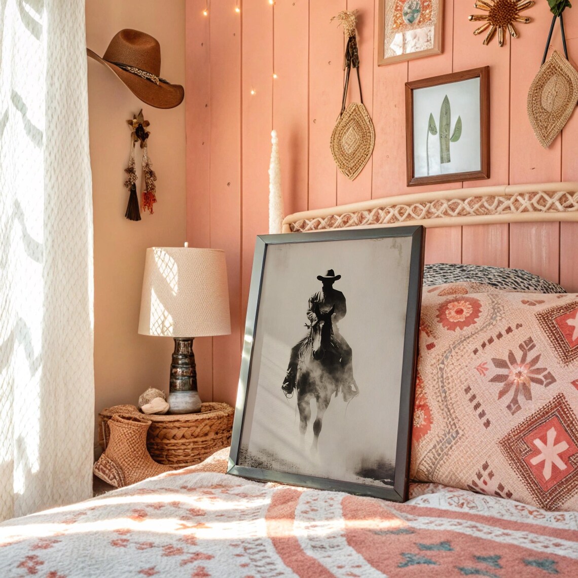 Cowboy Riding Through Dusty Western Shadows Art Print