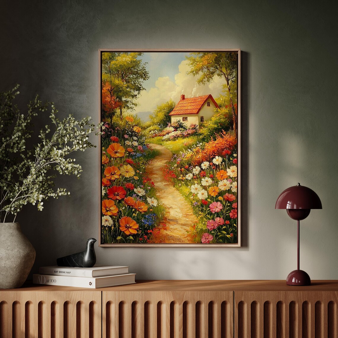 Floral Cottage Path Vibrant Oil Painting Of Blooming Wildflowers And Cozy Countryside Home Nature Inspired Wall Art - Image 7