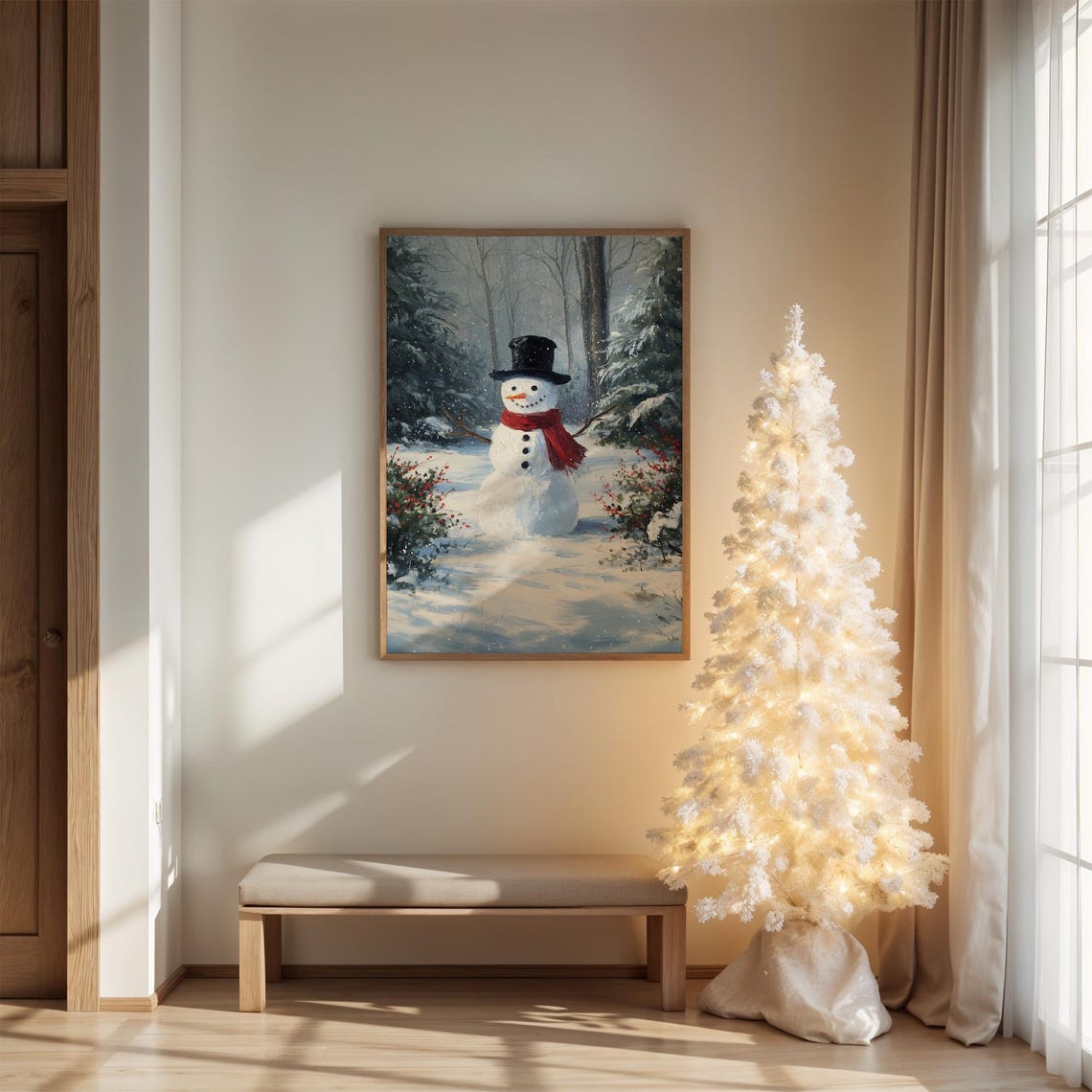 Cheerful Snowman With Red Scarf In Snowy Winter Forest Poster