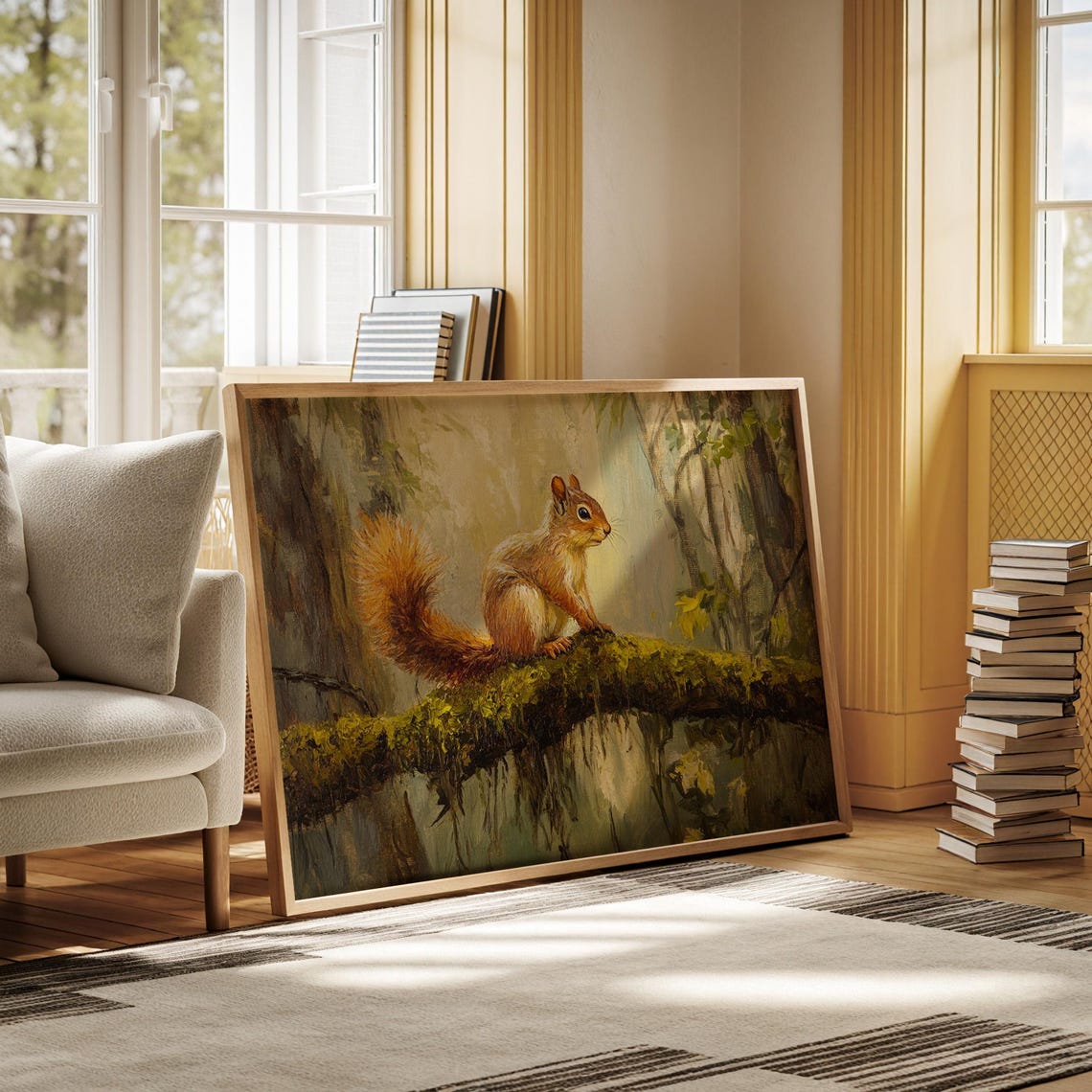 Cute Red Squirrel On Mossy Branch Sunlit Forest Painting Poster - Image 6