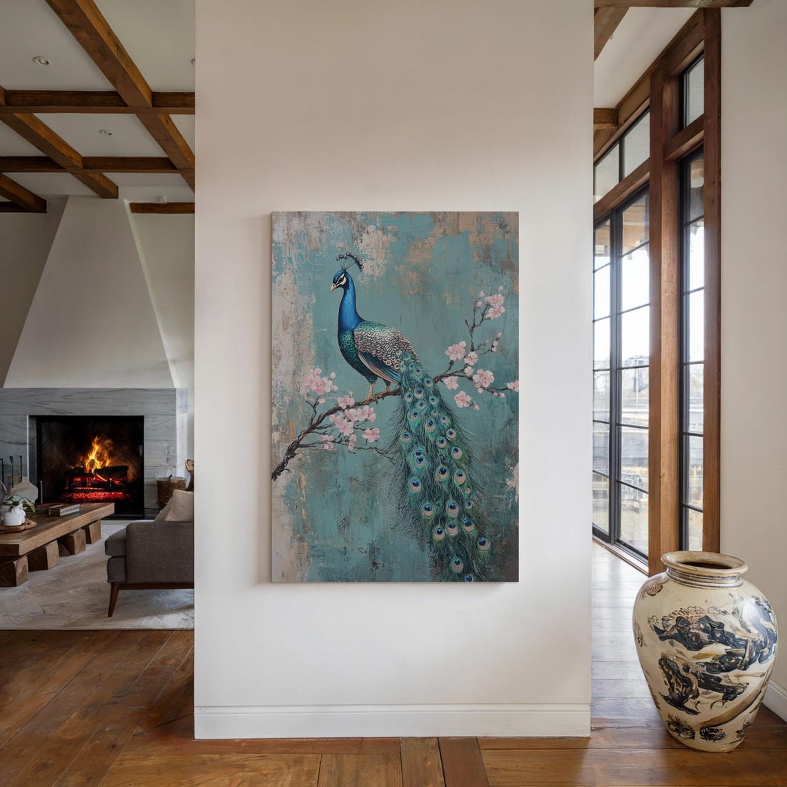 Majestic Peacock Cherry Blossom Branch Vibrant Exotic Bird Poster - Image 4