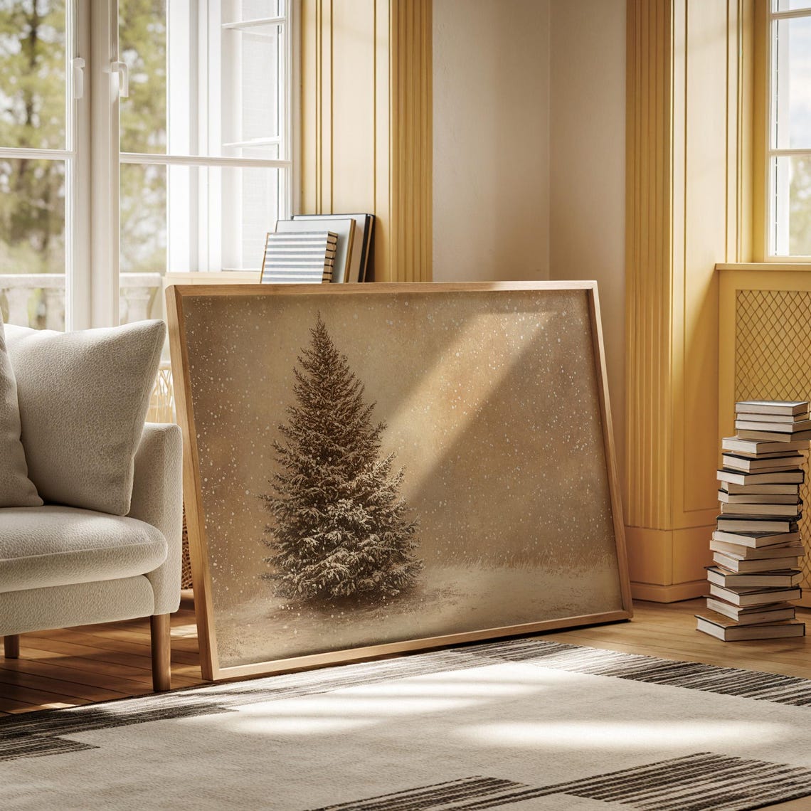 Lone Snowy Evergreen Tree In Snowstorm Sepia Minimal Winter Poster