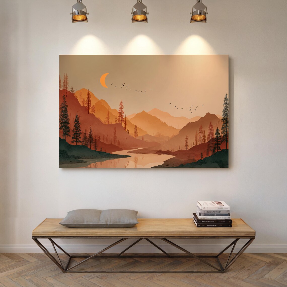 Crescent Moon Over Misty Mountain Valley Art Print