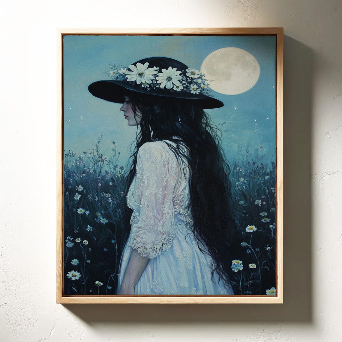 Woman in Daisy Trimmed Hat Walking Moonlit Wildflower Meadow Poster - Image 6