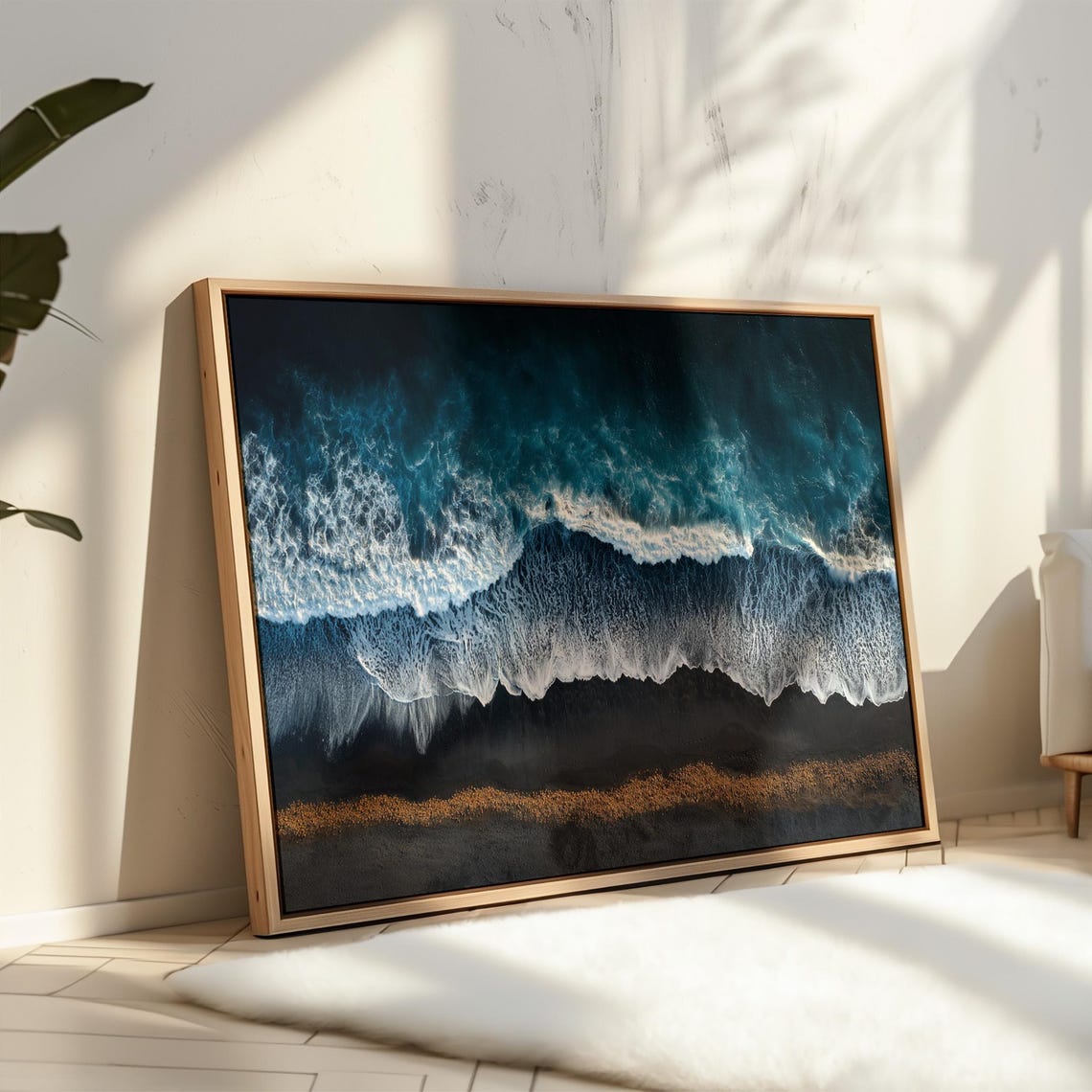 Aerial Ocean Waves Black Sand Beach Coastal Photography Print