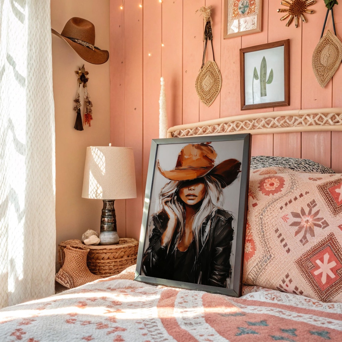 Blonde Cowgirl In Cowboy Hat Rustic Western Painting Art Poster