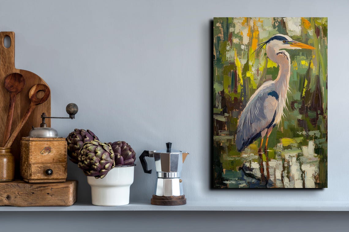 Great Blue Heron Standing Marsh Impressionist Bird Art Poster - Image 3
