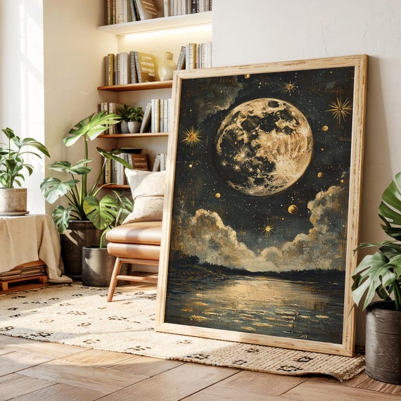 Celestial Full Moon Reflection Canvas Dreamy Night Sky Over Water Gold Stars And Clouds Mystical Astronomy Wall Art Print