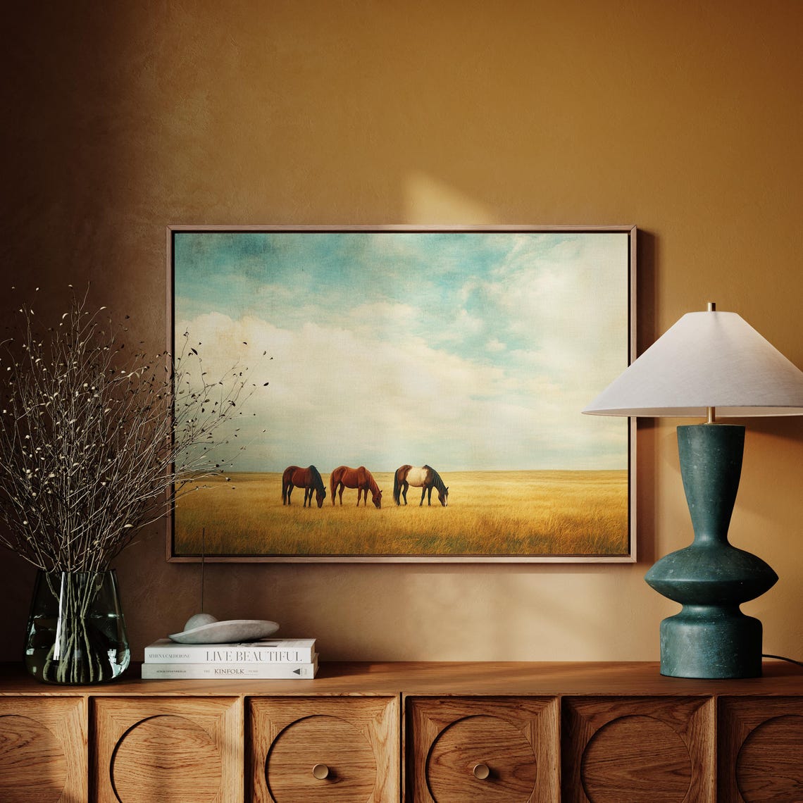 Three Horses Grazing Golden Prairie Pasture Scene Art Poster