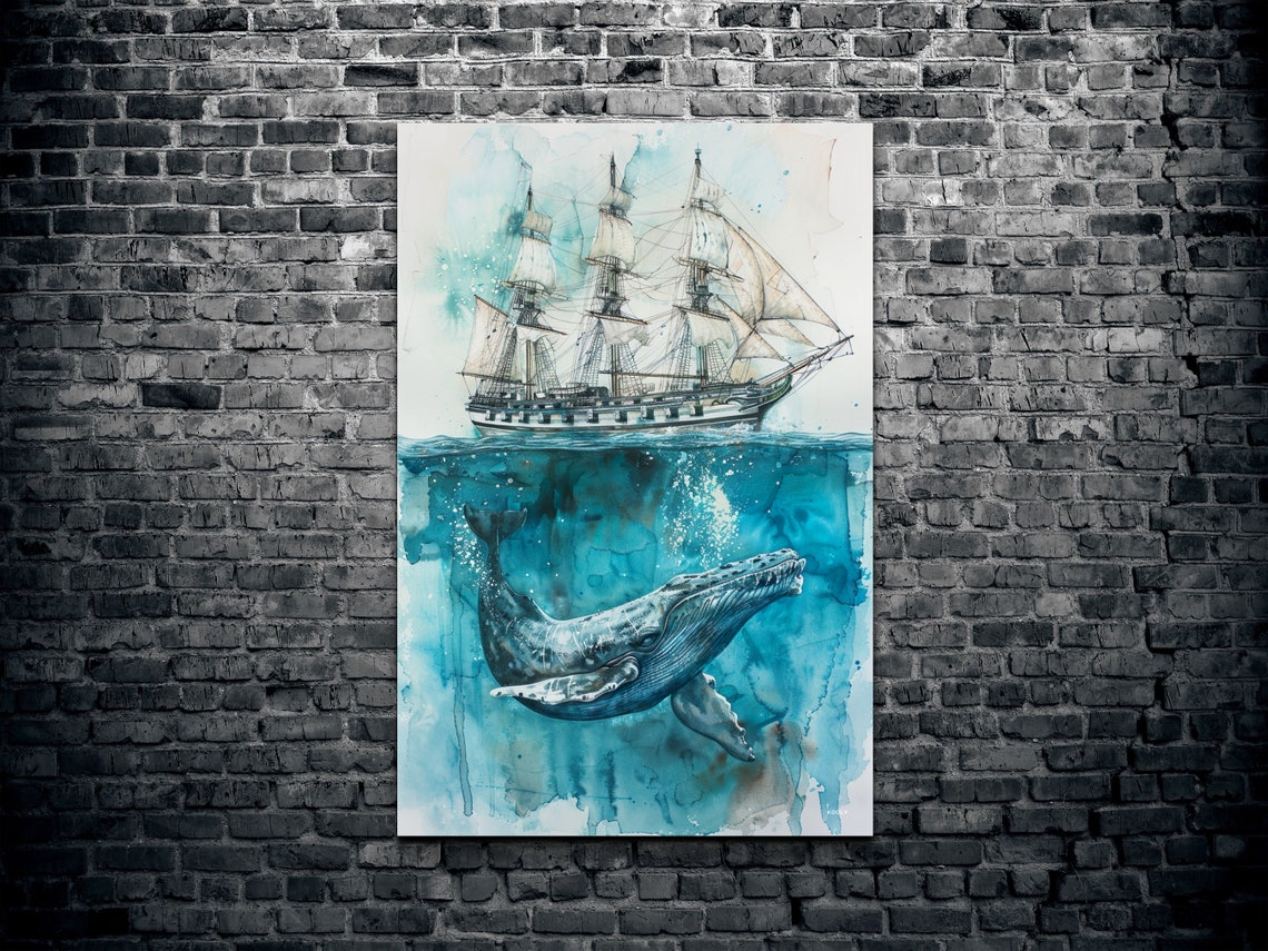 Whale Beneath Tall Sailing Ship Watercolor Ocean Nursery Poster - Image 2