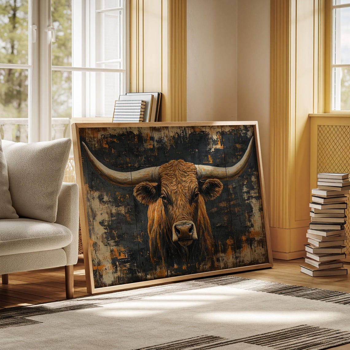 Longhorn Cow Portrait On Distressed Dark Background Wall Poster