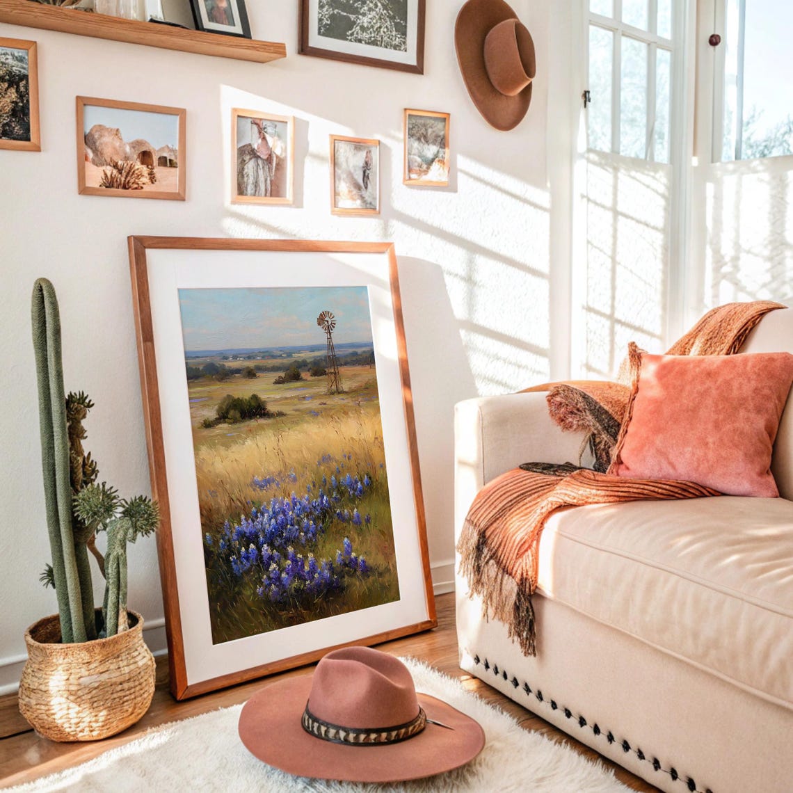Texas Bluebonnet Field Windmill Wildflower Spring Painting Poster