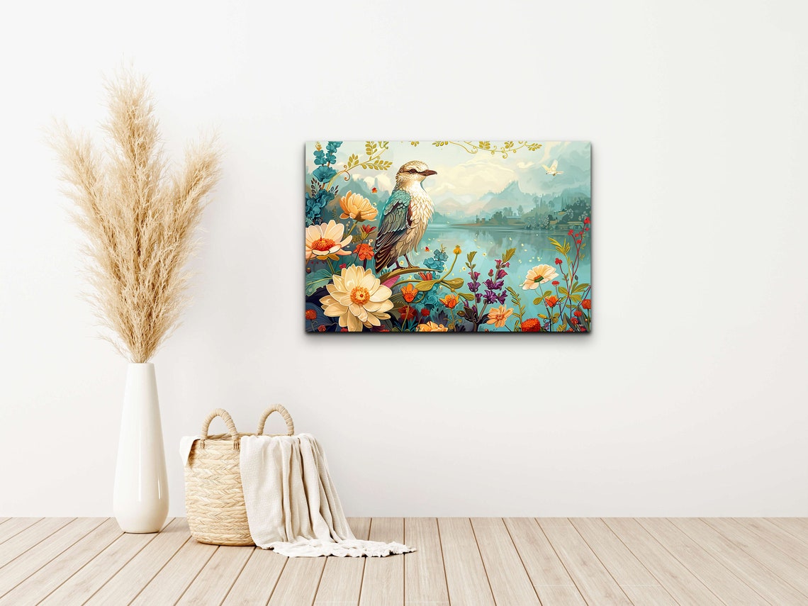 Songbird Perched Over Lakeside Wildflowers Botanical Bird Poster - Image 7