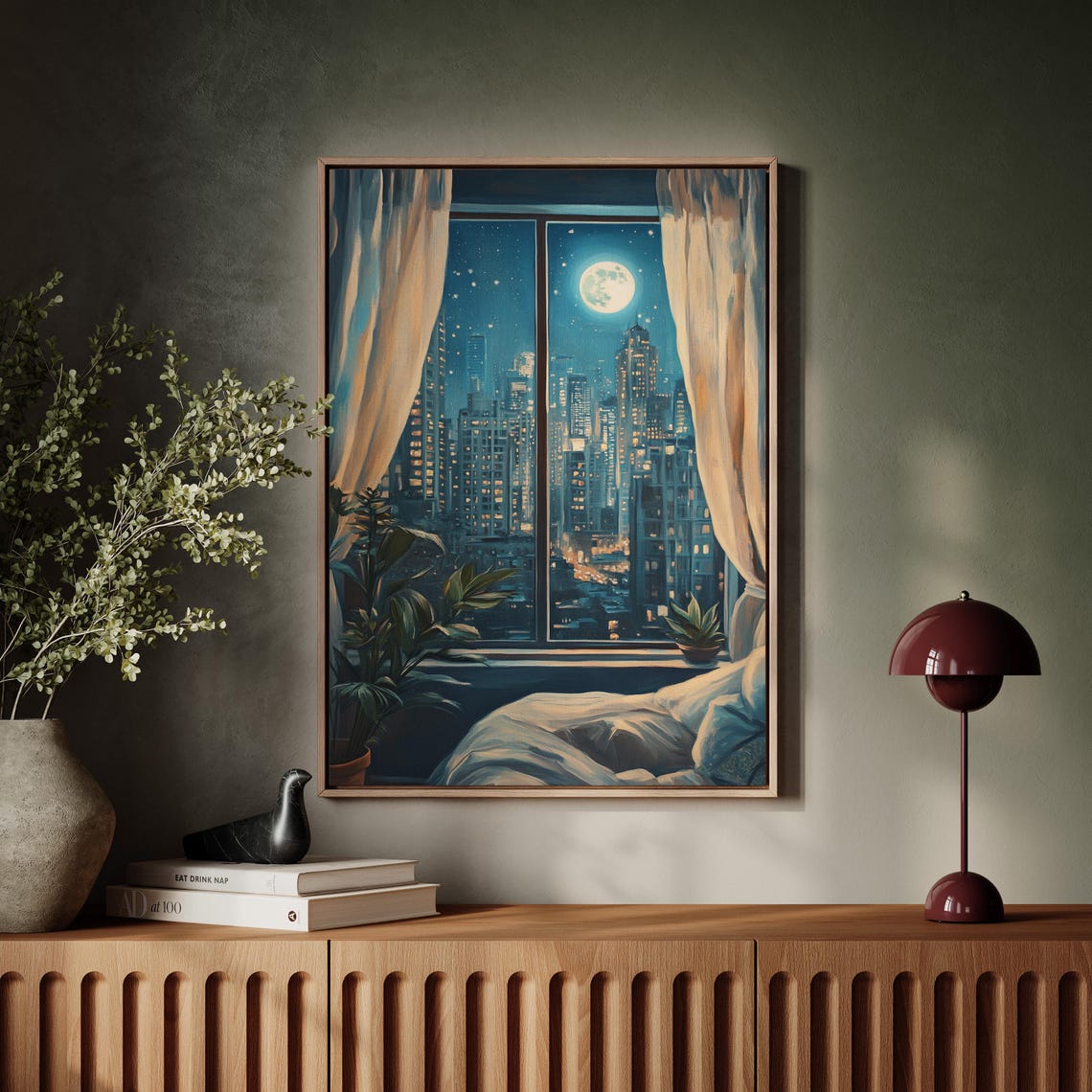 Moonlit City Skyline Night Window View Cozy Bedroom Decor Poster - Image 7