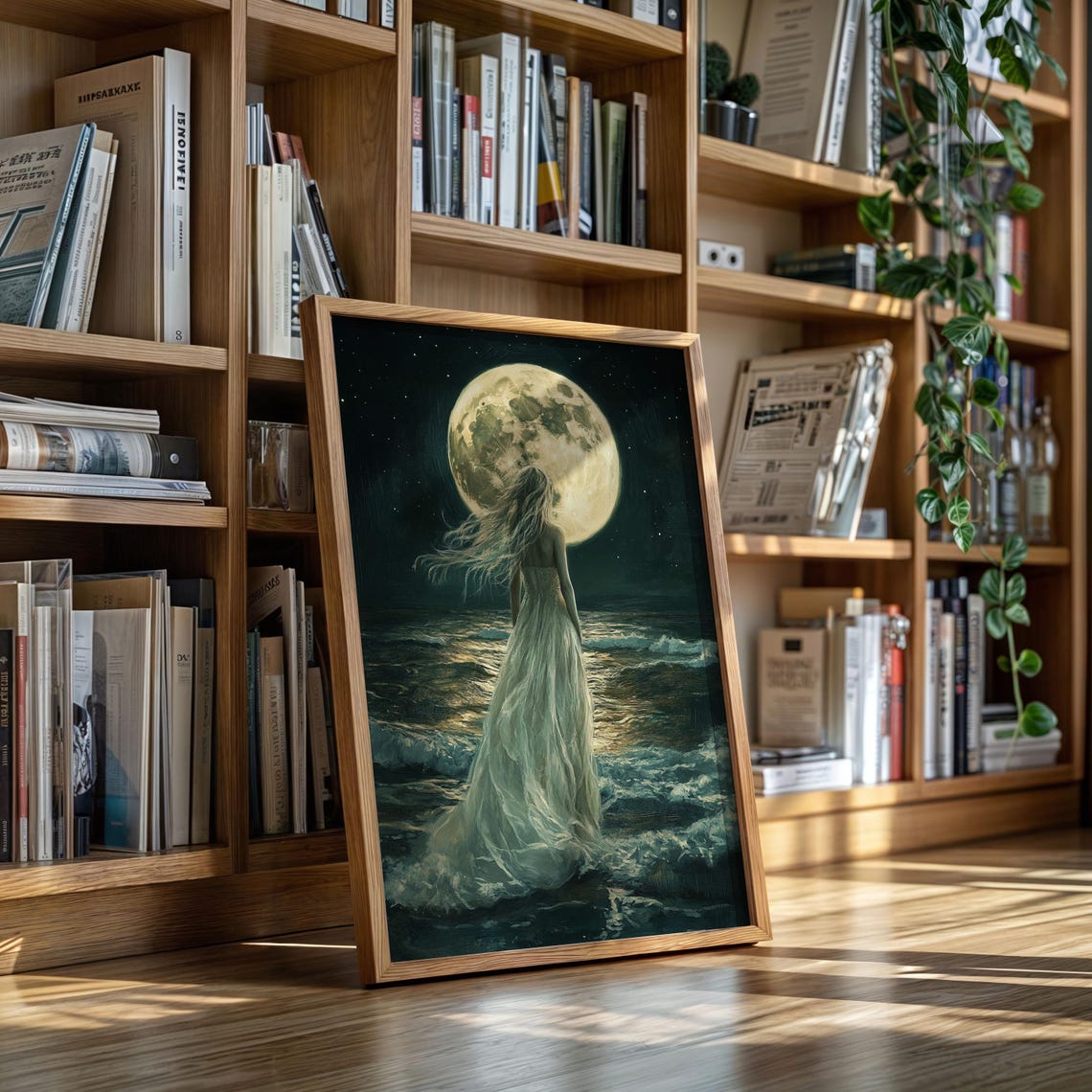 Woman In Sheer Dress Under Golden Moon Starry Ocean Night Poster