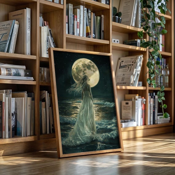 Moonlight Ocean Goddess Canvas Wall Art Celestial Beach Woman Print Ethereal Full Moon Night Poster Mystical Feminine Decor