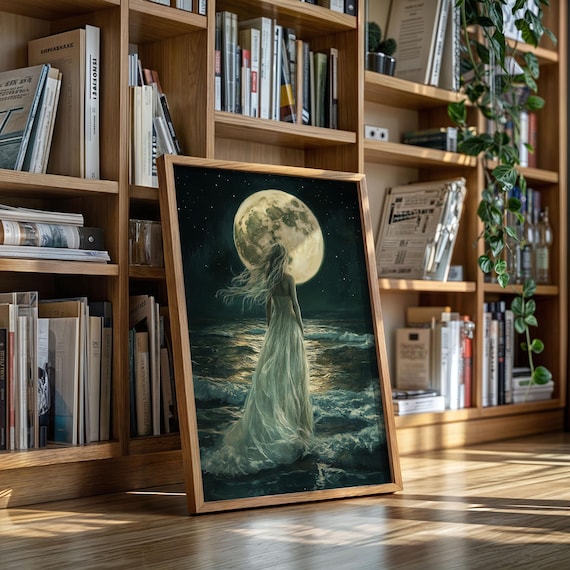 Woman In Sheer Dress Under Golden Moon Starry Ocean Night Poster