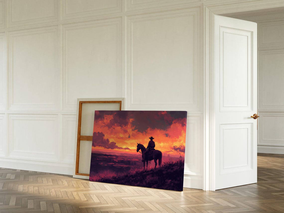 Cowboy At Sunset Art Western Landscape Wall Decor Rustic Ranch Poster Vintage Desert Scene - Image 2