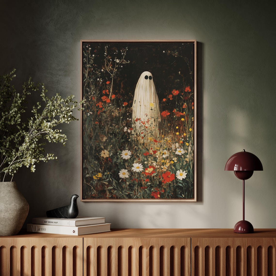 Cute Sheet Ghost Standing in a Dark Wildflower Meadow at Night Poster - Image 7