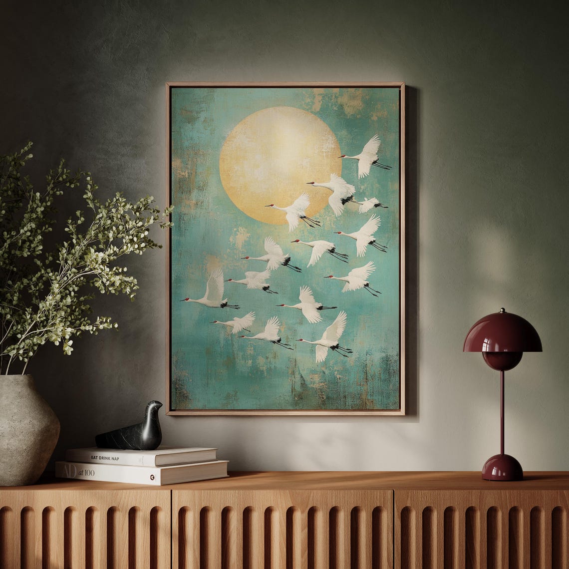 Flock of White Cranes Flying Across a Golden Sun Teal Sky Poster - Image 7