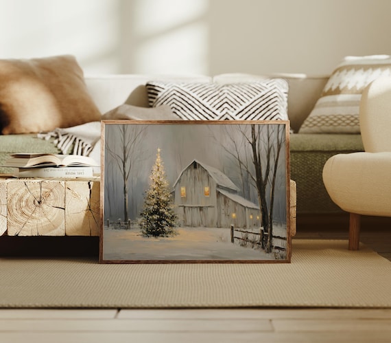Rustic Barn Christmas Wall Art Print, Snowy Winter Farmhouse Scene